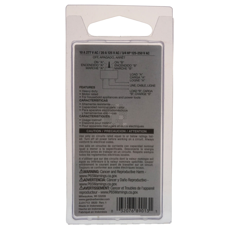 Gardner Bender GSW-13 SPDT Toggle Switch, 20A @ 125/10A @ 277V, Screw Terminals