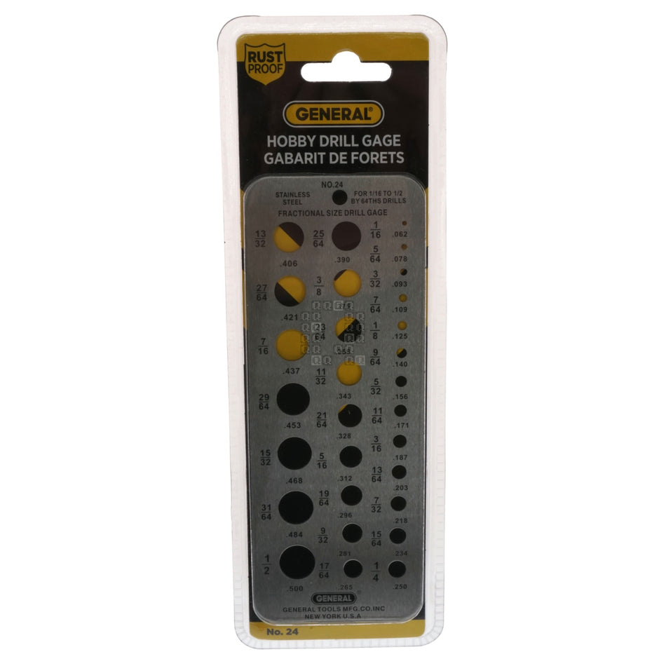 General No. 24 Hobby Drill Bit Gage, Stainless Steel, 1/16" to 1/2" by 1/64ths
