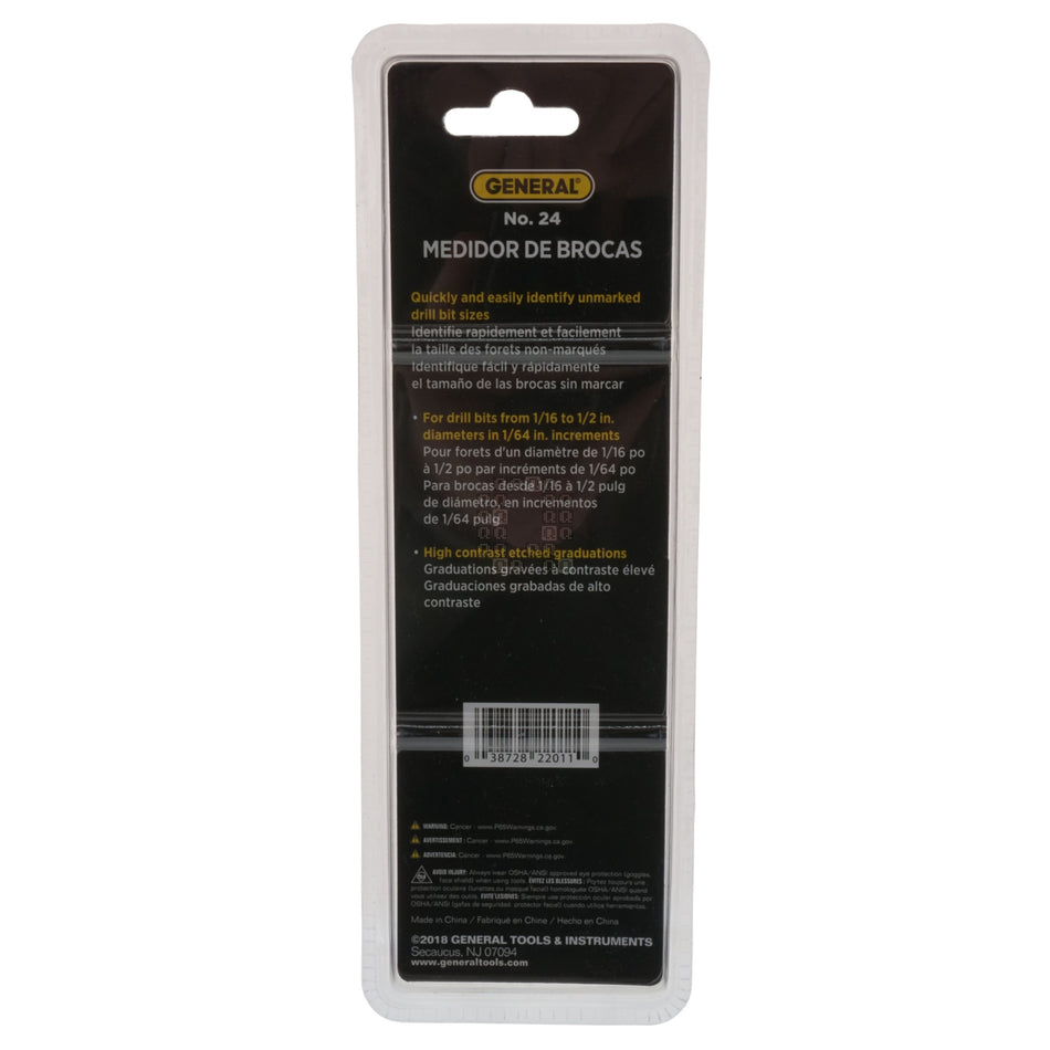 General No. 24 Hobby Drill Bit Gage, Stainless Steel, 1/16" to 1/2" by 1/64ths