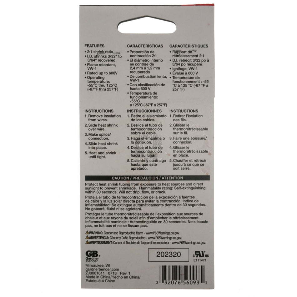 Gardner Bender HST-093 3/32" Polyolefin Heat Shrink Tubing, Black, 4" Length
