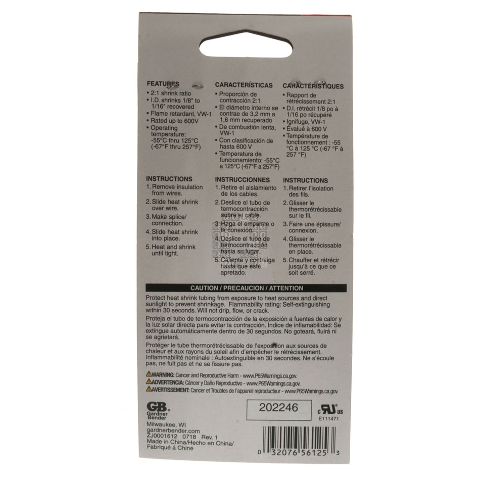 Gardner Bender HST-125 1/8" Polyolefin Heat Shrink Tubing, Black, 4" Length