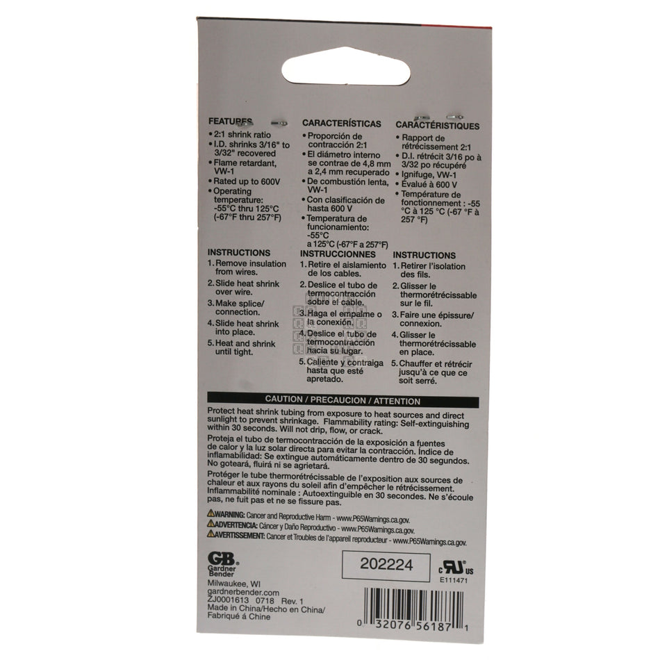 Gardner Bender HST-187 3/16" Polyolefin Heat Shrink Tubing, Black, 4" Length