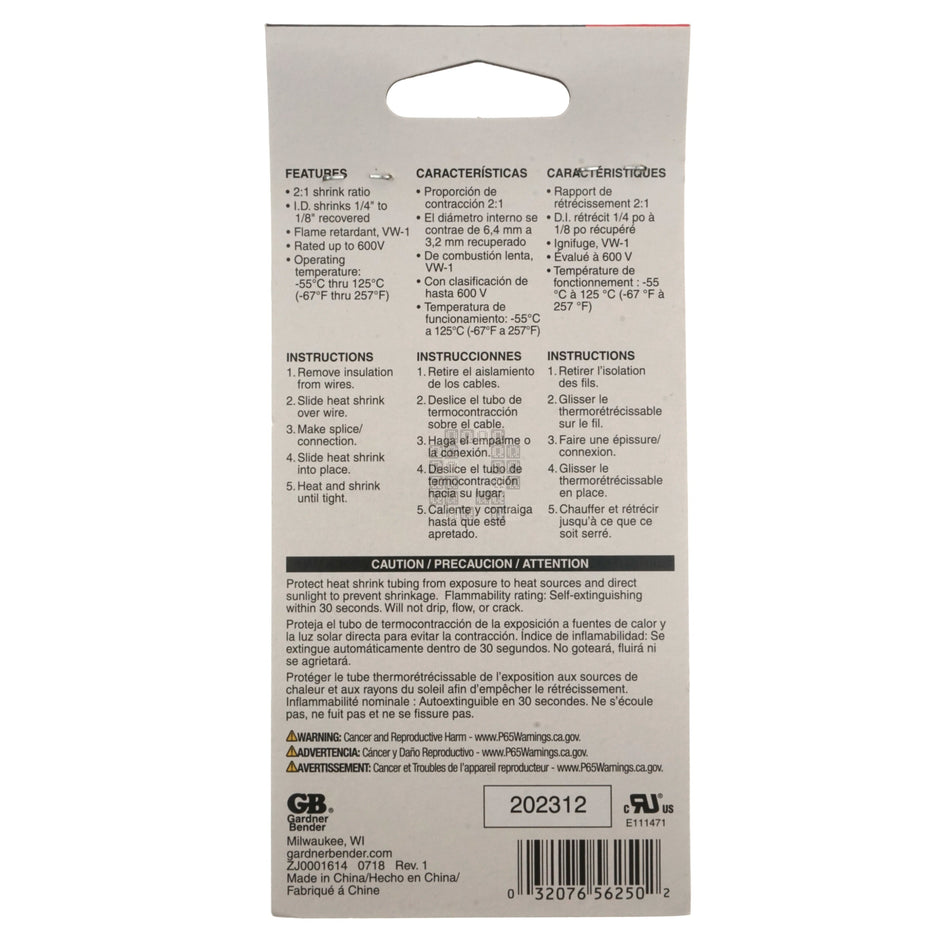 Gardner Bender HST-250 1/4" Polyolefin Heat Shrink Tubing, Black, 4" Length, 6-Pack