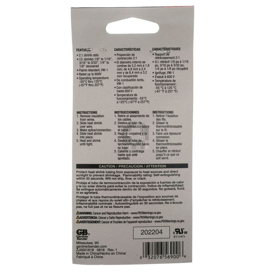 Gardner Bender HST-AST Polyolefin Heat Shrink Tubing Assortment, Black, 4" Length