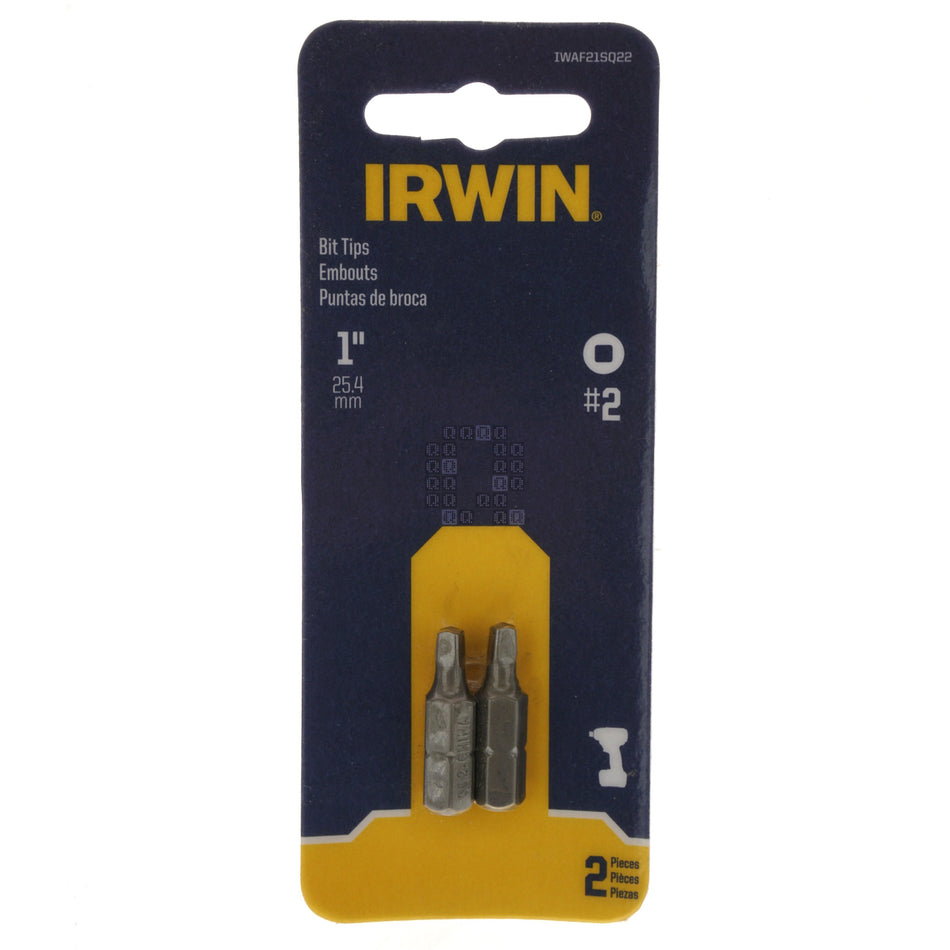 Irwin IWAF21SQ22 SQ2 / #2 Square Recess Bit Tips, 2-Pack, 1" Length