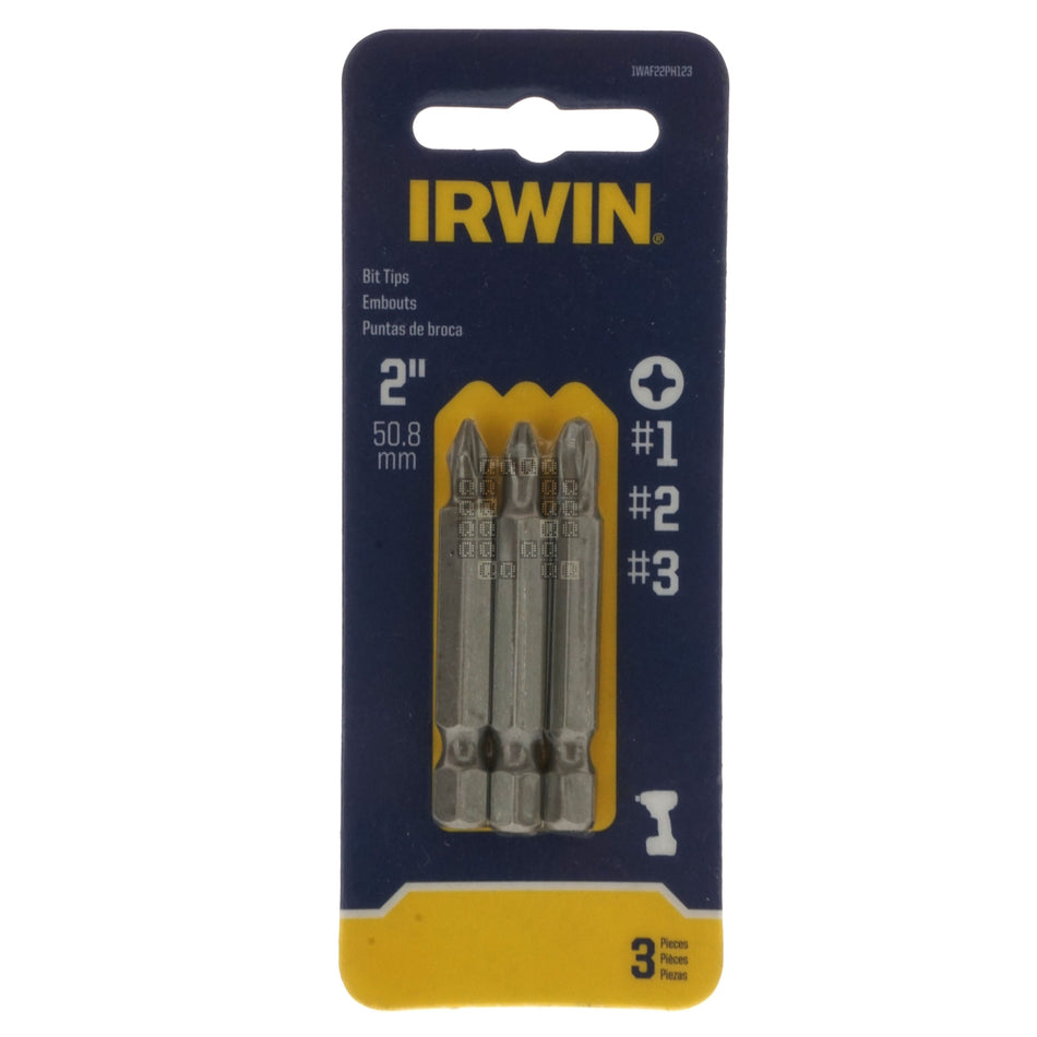 Irwin Industrial Tools IWAF22PH123 PH1/PH2/PH3 #1/#2/#3 Phillips Bit Tips, 2" Length