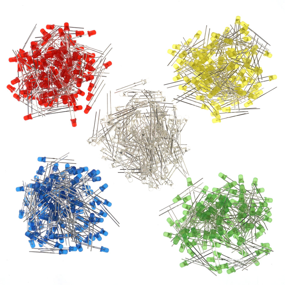 3mm LED Assortment, 100 Each of Red, White, Blue, Green and Yellow