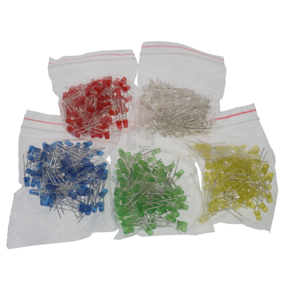 3mm LED Assortment, 100 Each of Red, White, Blue, Green and Yellow