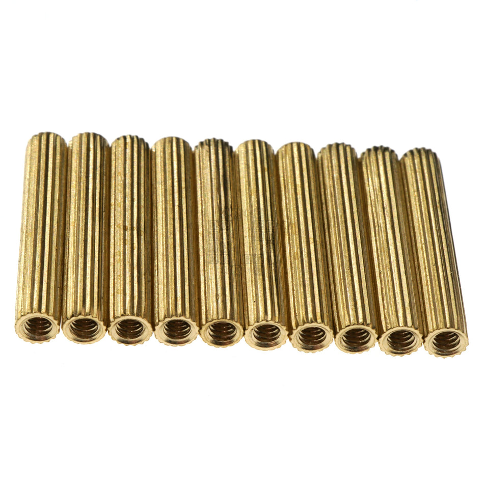 M2-0.40 x 18mm Brass Standoff, Female to Female, Knurled Outside, 10-Pack