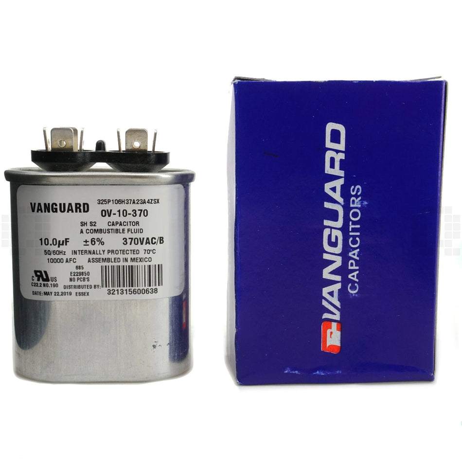 Vanguard OV-10-370 Electric Motor Run Capacitor, Oval, 10 uF, 370 VAC 50/60Hz