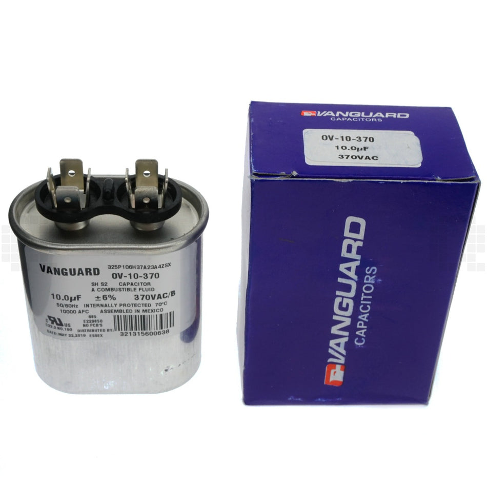 Vanguard OV-10-370 Electric Motor Run Capacitor, Oval, 10 uF, 370 VAC 50/60Hz