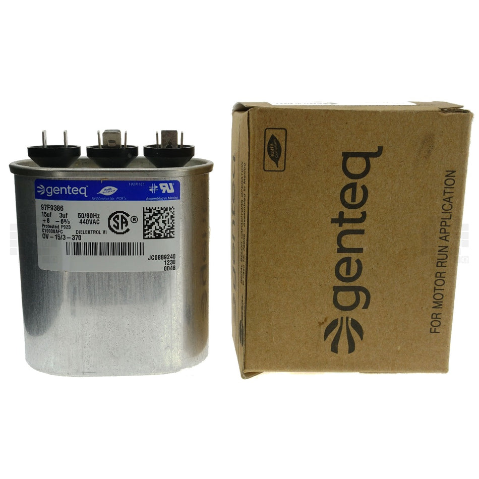 Genteq OV-15/3-370 Electric Motor Run Capacitor, 3uF/15uF 440VAC, 97F9386