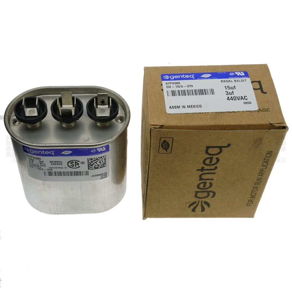 Genteq OV-15/3-370 Electric Motor Run Capacitor, 3uF/15uF 440VAC, 97F9386