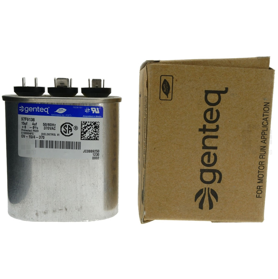 Genteq OV-15/4-370 Electric Motor Run Capacitor, 4 uF / 15 uF, 370VAC, 97F9138