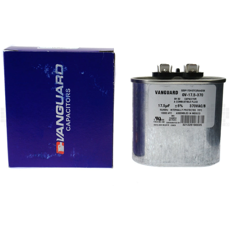 Vanguard OV-17.5-370 Electric Motor Run Capacitor, Oval, 17.5 uF, 370VAC 50/60Hz