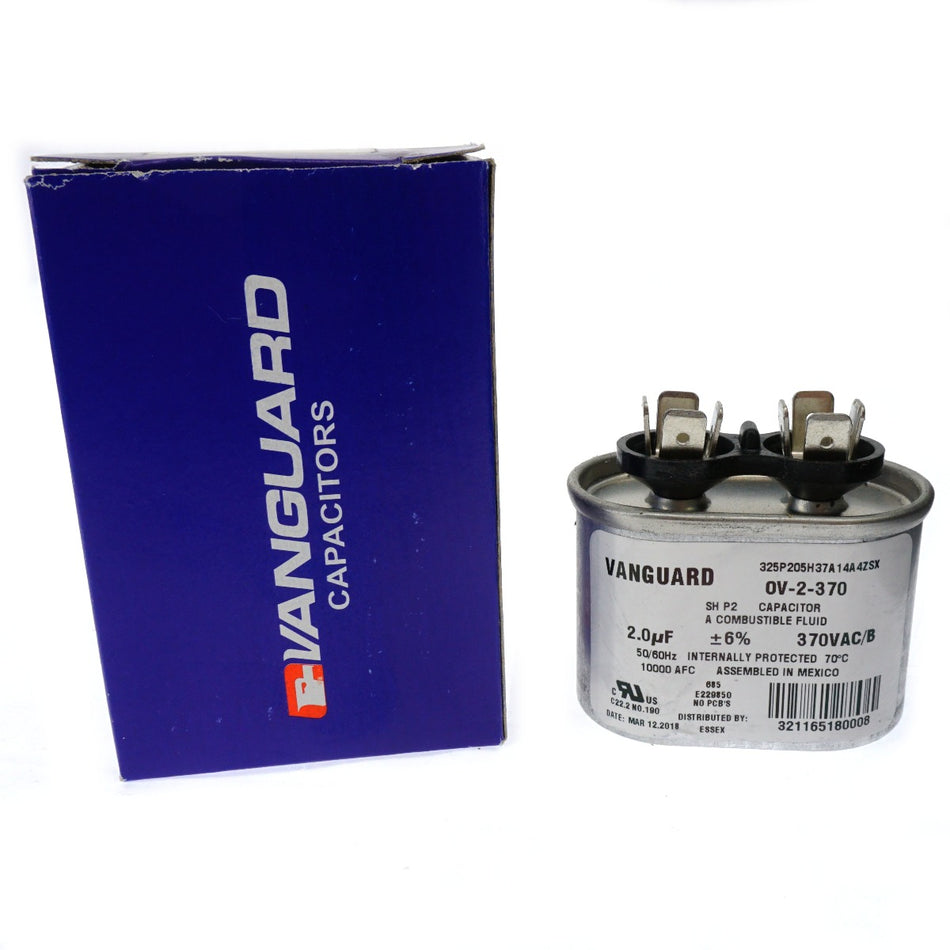 Vanguard OV-2-370 Electric Motor Oval Run Capacitor, 2 uF, 370 VAC 50-60Hz
