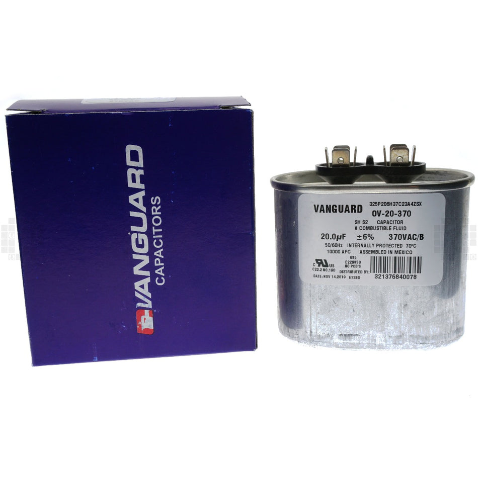 Vanguard OV-20-370 Electric Motor Oval Run Capacitor, 20 uF, 370 VAC 50-60Hz