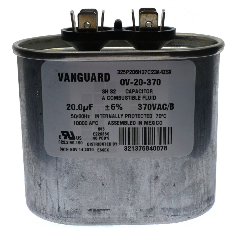 Vanguard OV-20-370 Electric Motor Oval Run Capacitor, 20 uF, 370 VAC 50-60Hz