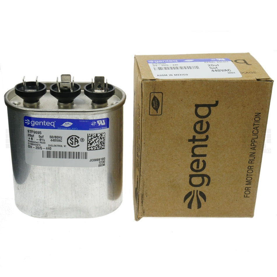 Genteq OV-20/5-440 Oval Dual Run Capacitor, 20 uF / 5 uF 440VAC, 50/60Hz 97F9695