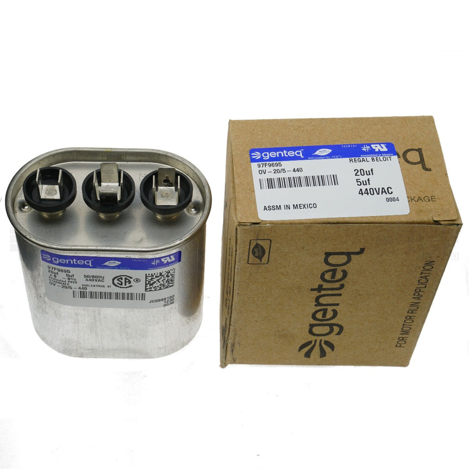 Genteq OV-20/5-440 Oval Dual Run Capacitor, 20 uF / 5 uF 440VAC, 50/60Hz 97F9695