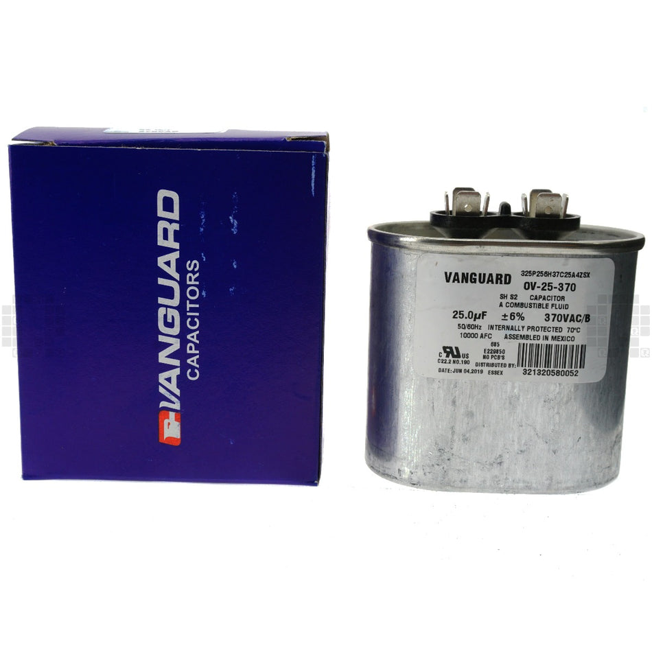 Vanguard OV-25-370 Electric Motor Run Capacitor, Oval, 25 uF, 370 VAC 50-60Hz