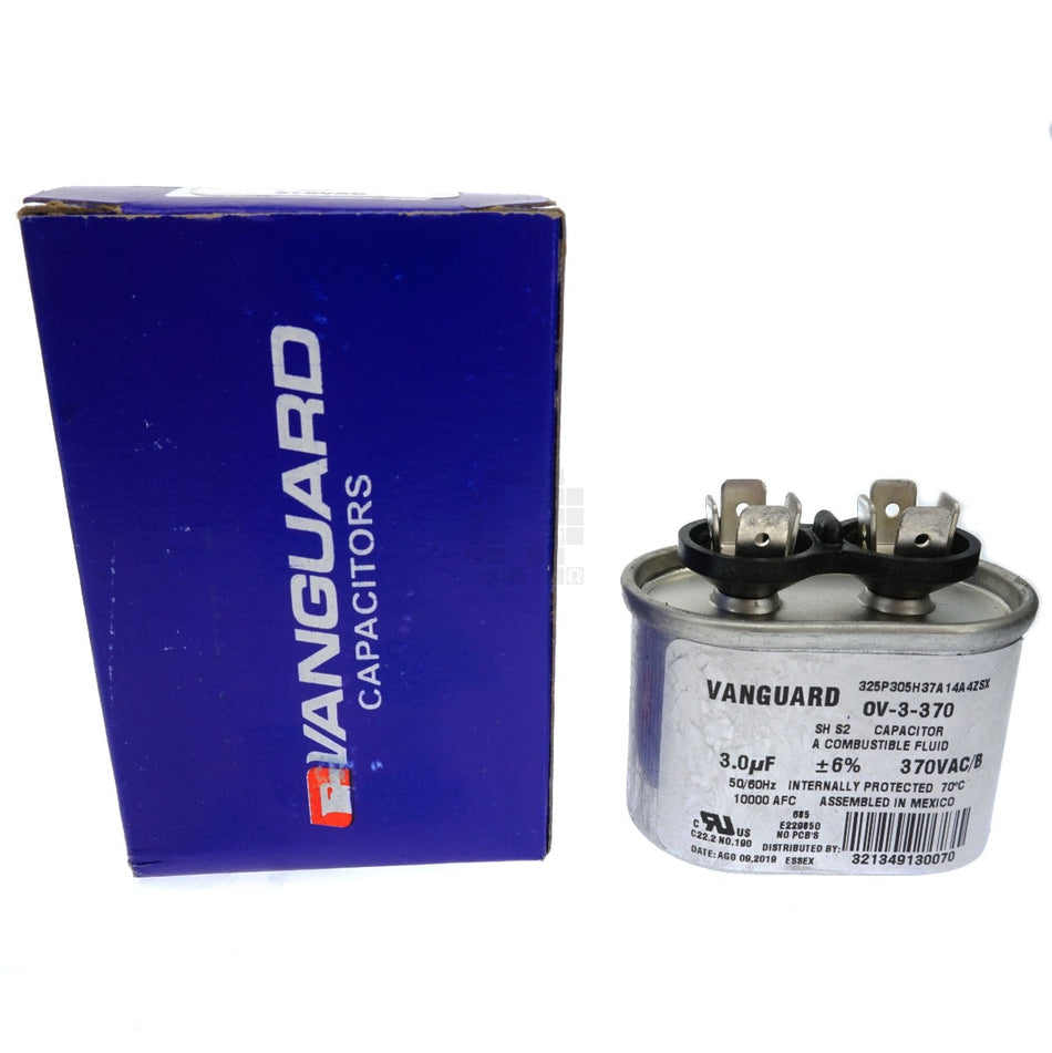 Vanguard OV-3-370 Electric Motor Oval Run Capacitor, 3 uF, 370 VAC 50-60Hz