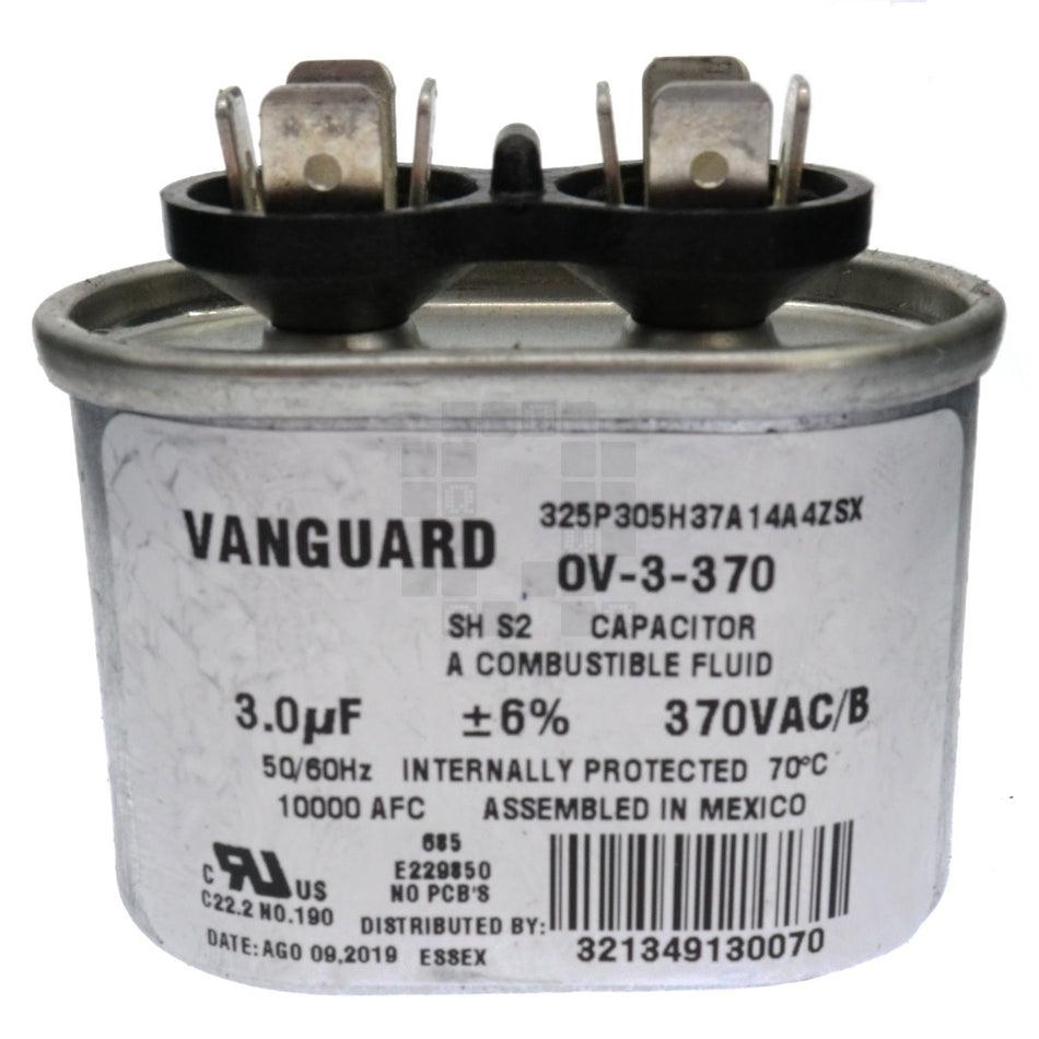 Vanguard OV-3-370 Electric Motor Oval Run Capacitor, 3 uF, 370 VAC 50-60Hz