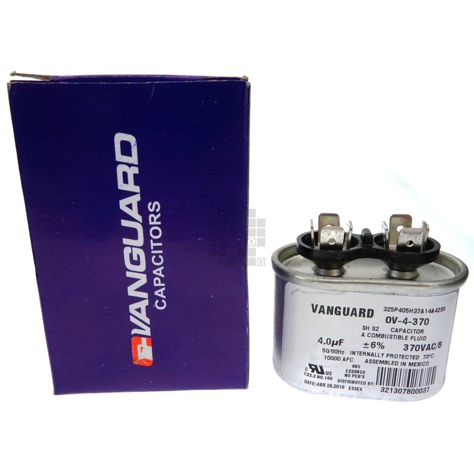 Vanguard OV-4-370 Electric Motor Oval Run Capacitor, 4uF, 370 VAC 50-60Hz