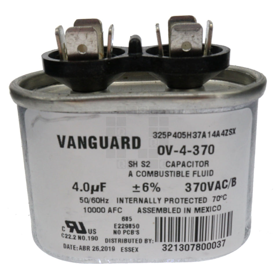 Vanguard OV-4-370 Electric Motor Oval Run Capacitor, 4uF, 370 VAC 50-60Hz