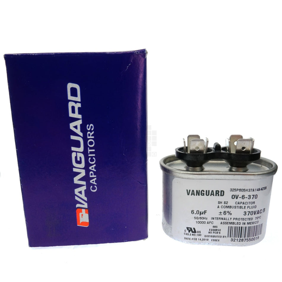 Vanguard OV-6-370 Electric Motor Oval Run Capacitor, 6uF, 370 VAC 50-60Hz