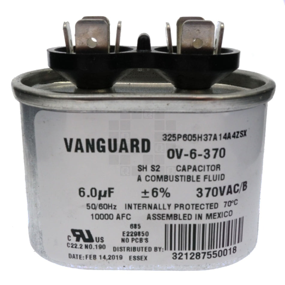 Vanguard OV-6-370 Electric Motor Oval Run Capacitor, 6uF, 370 VAC 50-60Hz