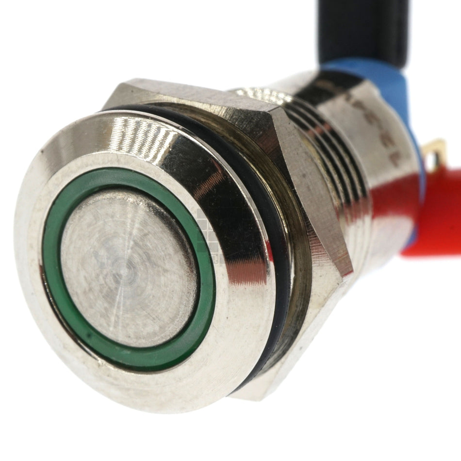 12mm Threaded Metal Pushbutton, Maintained, Green LED, 12-24VDC, Lighted Circle, IP65, SPST