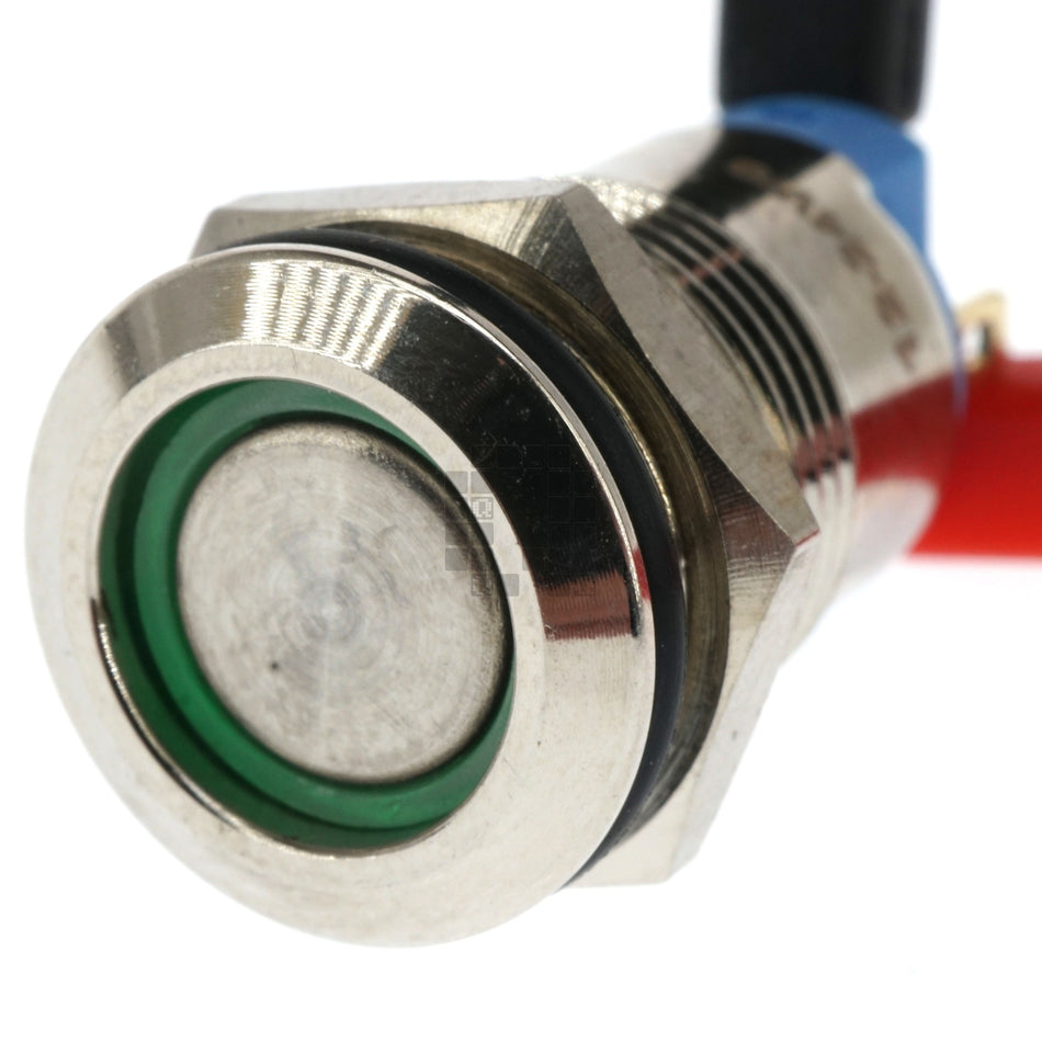 12mm Threaded Metal Pushbutton, Maintained, Green LED, 12-24VDC, Lighted Circle, IP65, SPST