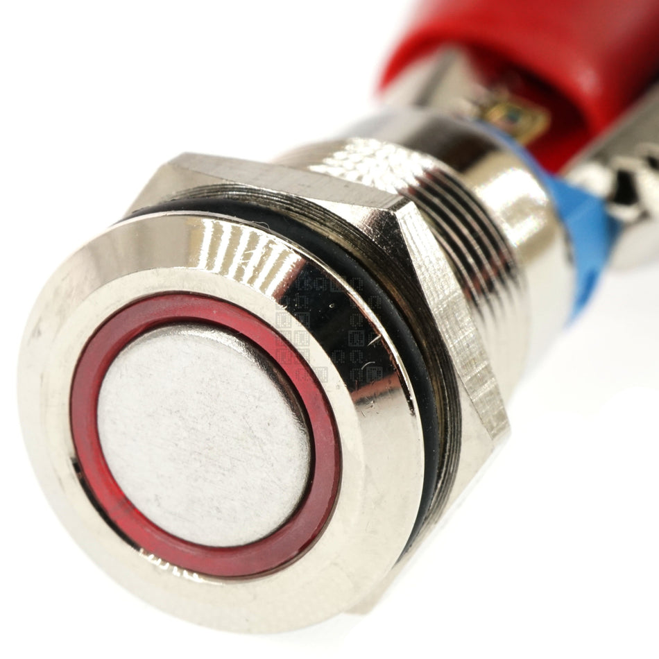 12mm Threaded Metal Pushbutton, Maintained, Red LED, 12-24VDC, IP65, SPST, Lighted Ring/Circle