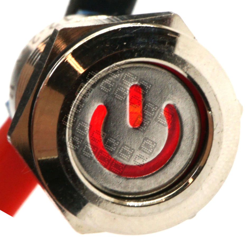 12mm Threaded Metal Pushbutton, Maintained, Red LED, 12-24VDC, IP65, SPST, Lighted Power Symbol