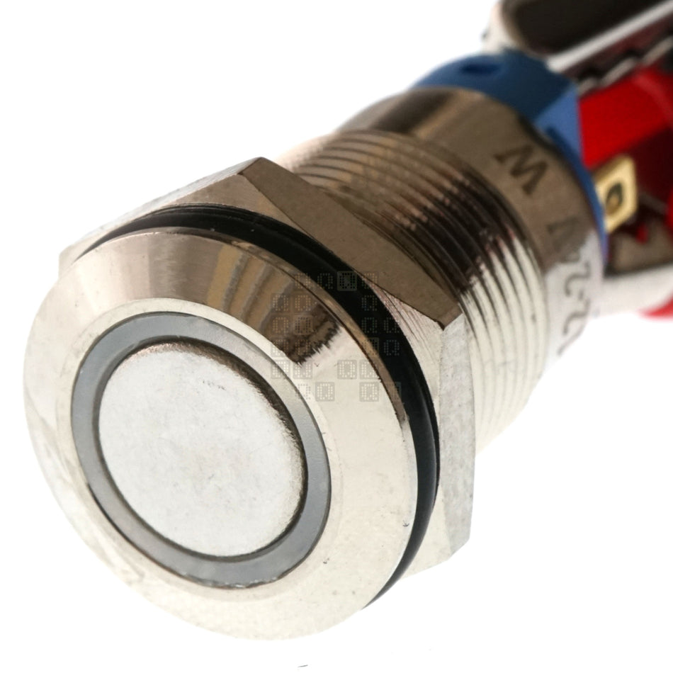 12mm Threaded Metal Pushbutton, Locking, White LED, 12-24VDC, IP65, SPST