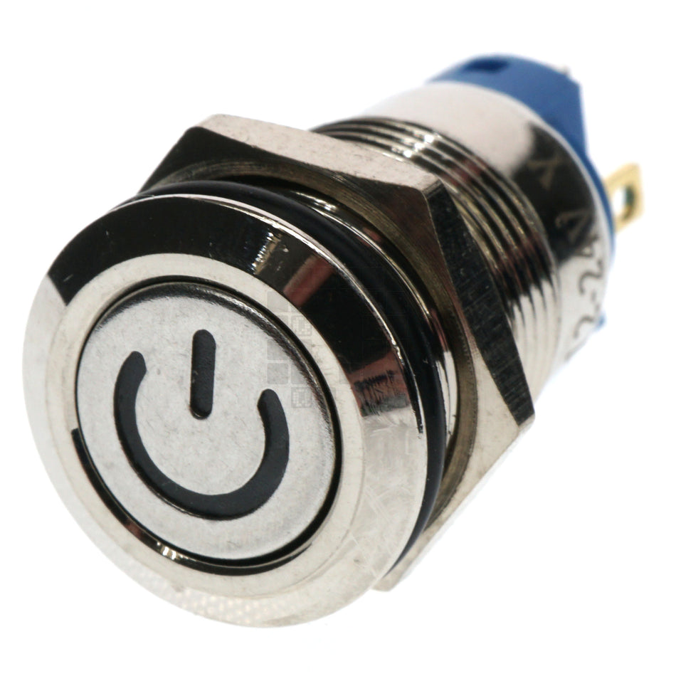 12mm Threaded Metal Pushbutton, Maintained/Locking, Yellow LED, 12-24VDC, Lighted Power Symbol, IP65, SPST