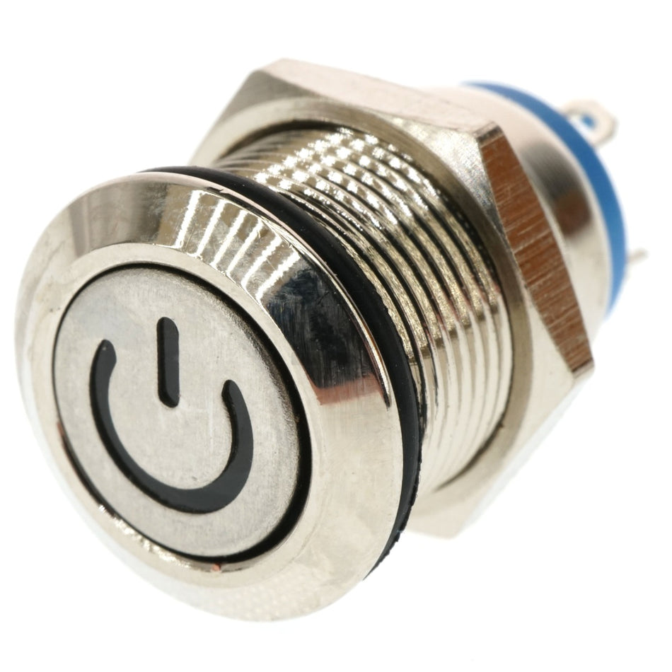 12mm Threaded Metal Pushbutton, Momentary, Blue LED, 12-24VDC, Lighted Power Symbol, IP65, SPST