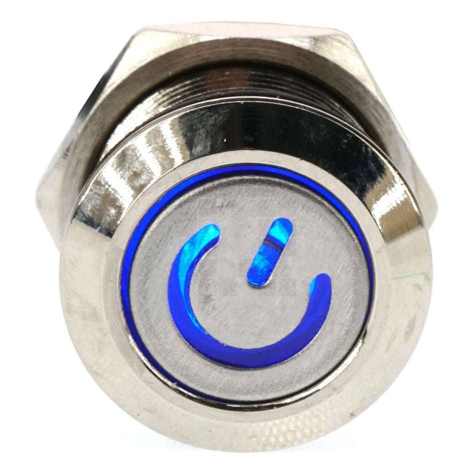 12mm Threaded Metal Pushbutton, Momentary, Blue LED, 12-24VDC, Lighted Power Symbol, IP65, SPST