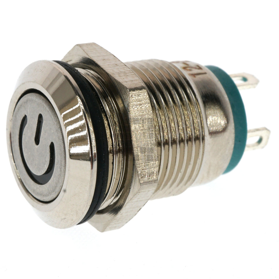 12mm Threaded Metal Pushbutton Momentary Green LED, 12-24VDC, IP65, SPST, Power Symbol