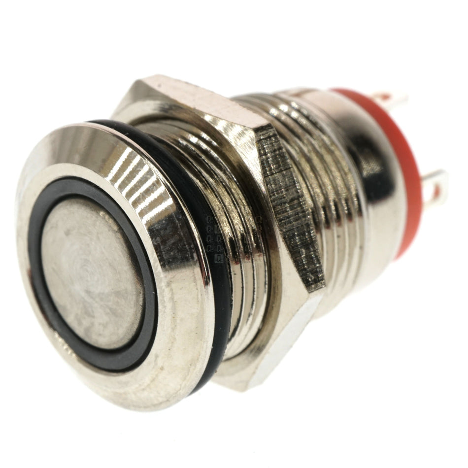 12mm Threaded Metal Pushbutton, Momentary, Red LED, 12-24VDC, IP65, SPST, Lighted Ring/Circle