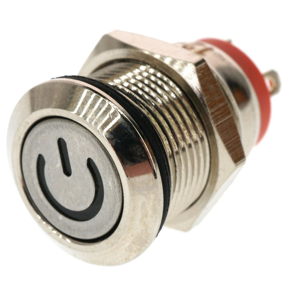 12mm Threaded Metal Pushbutton, Momentary, Red LED, 12-24VDC, IP65, SPST, Power