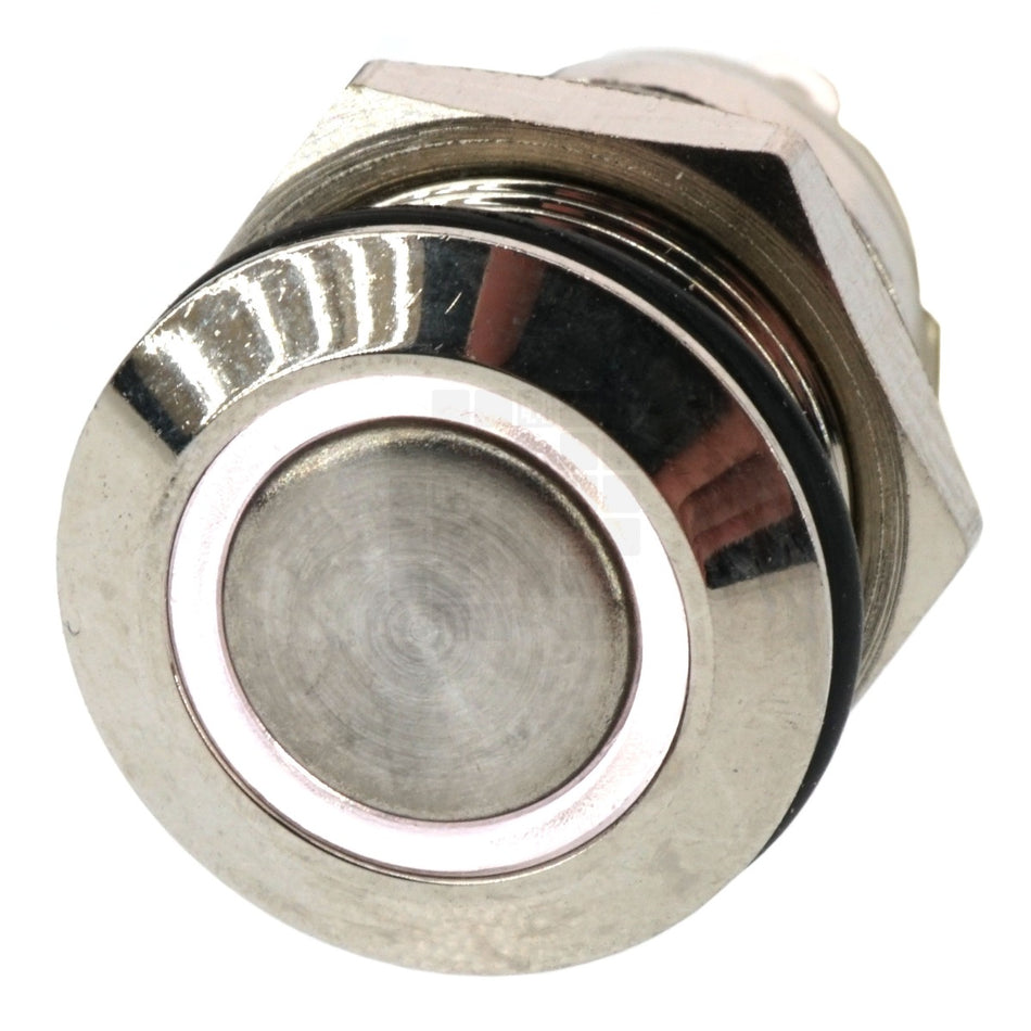 12mm Threaded Metal Pushbutton, Momentary, White LED, 12-24VDC, Lighted Ring/Circle, IP65, SPST