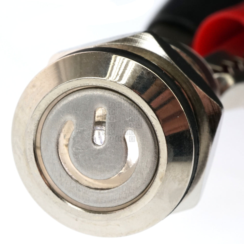 12mm Threaded Metal Pushbutton, Momentary, White LED, 12-24VDC, IP65, SPST, Power Symbol