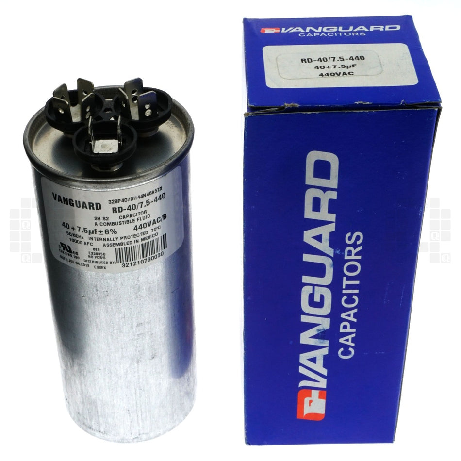 Vanguard RD-40/7.5-440 Electric Motor Run Capacitor, 7.5+40 uF, 440VAC 50/60Hz