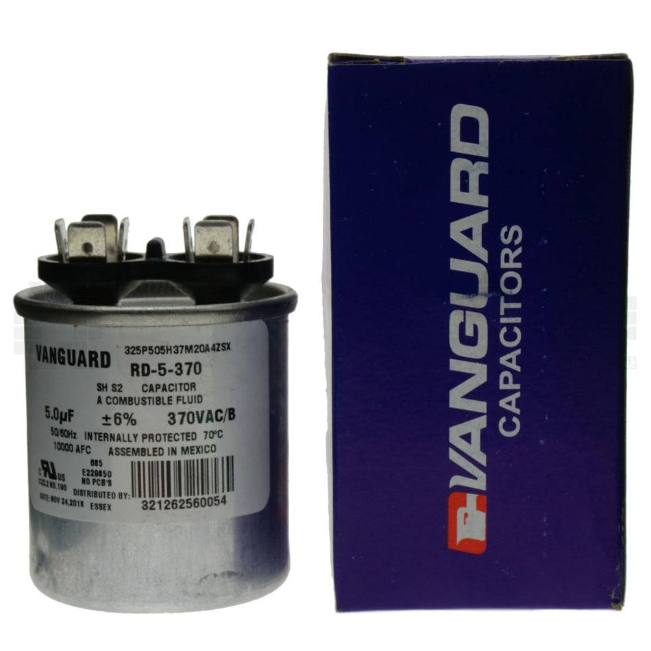 Vanguard RD-5-370 Round Electric Motor Run Capacitor, 5 uF 370VAC 50/60Hz