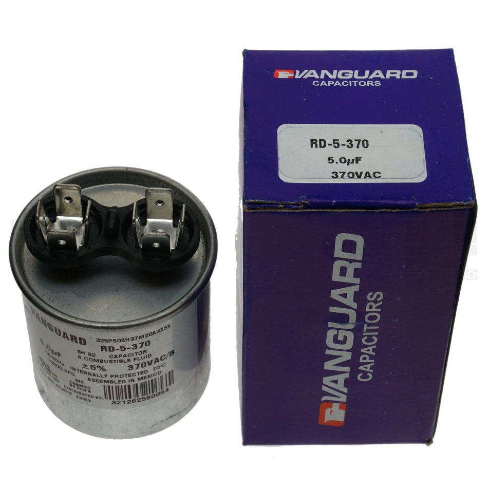 Vanguard RD-5-370 Round Electric Motor Run Capacitor, 5 uF 370VAC 50/60Hz
