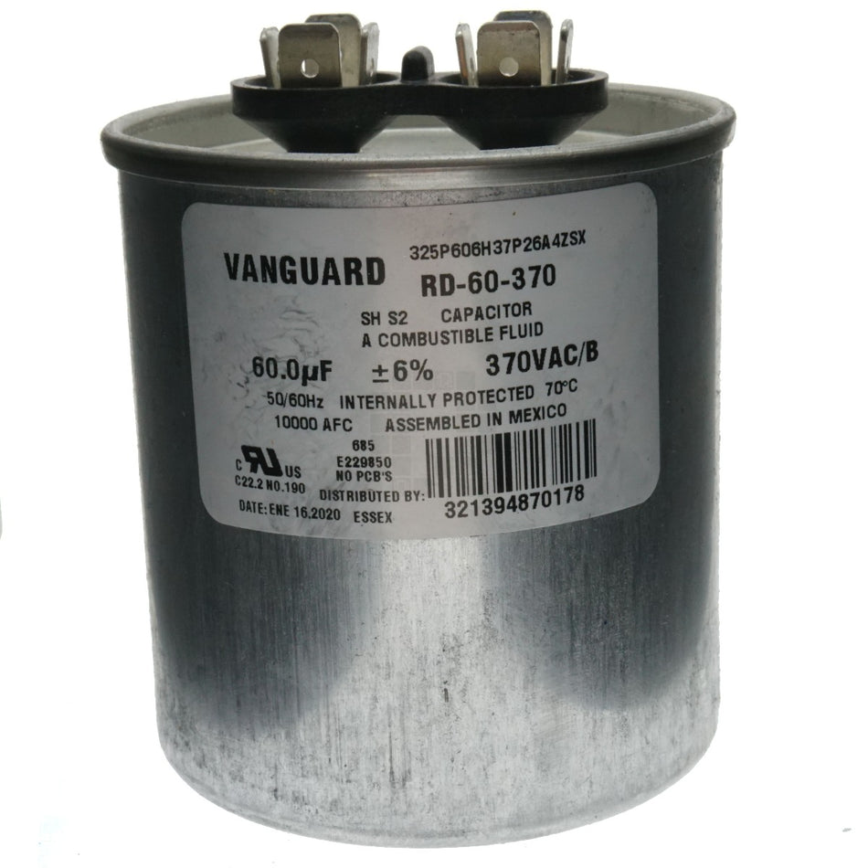 Vanguard RD-60-370 Electric Motor Run Capacitor, 60 uF, 370VAC 50-60Hz