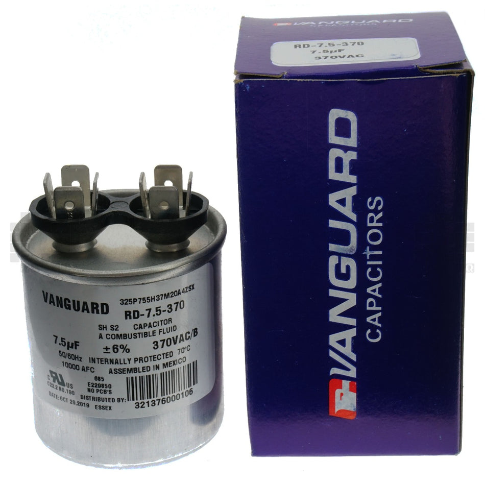 Vanguard RD-7.5-370 Electric Motor Run Capacitor, 7.5 uF, 370 VAC, 50-60Hz