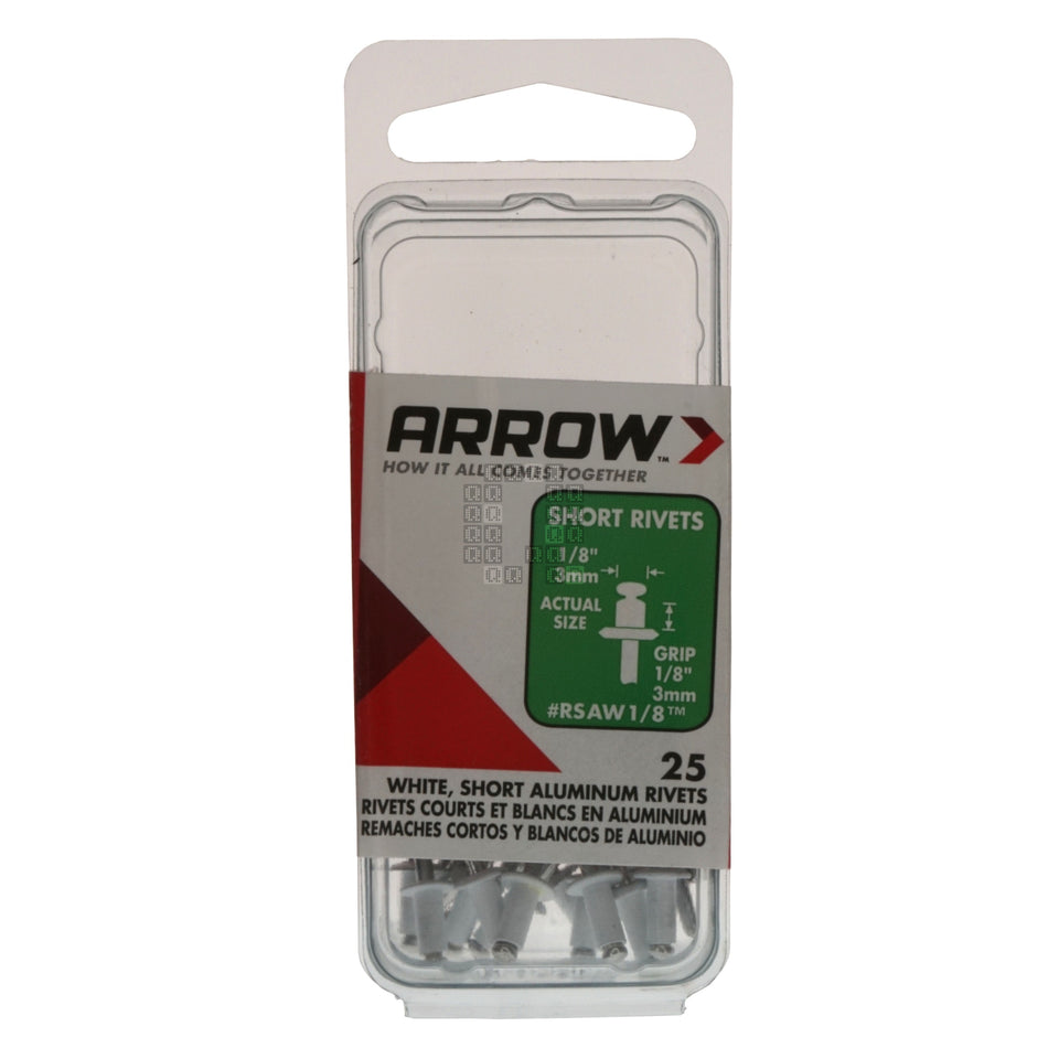 Arrow Fastener RSAW1/8 1/8" Diameter x  1/8" Grip Short Aluminum Pop Rivet, White, 25-Pack